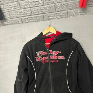 Harley Davidson Motorcycles Hooded Fleece Jacket Black Red Full Zip Men's Size L